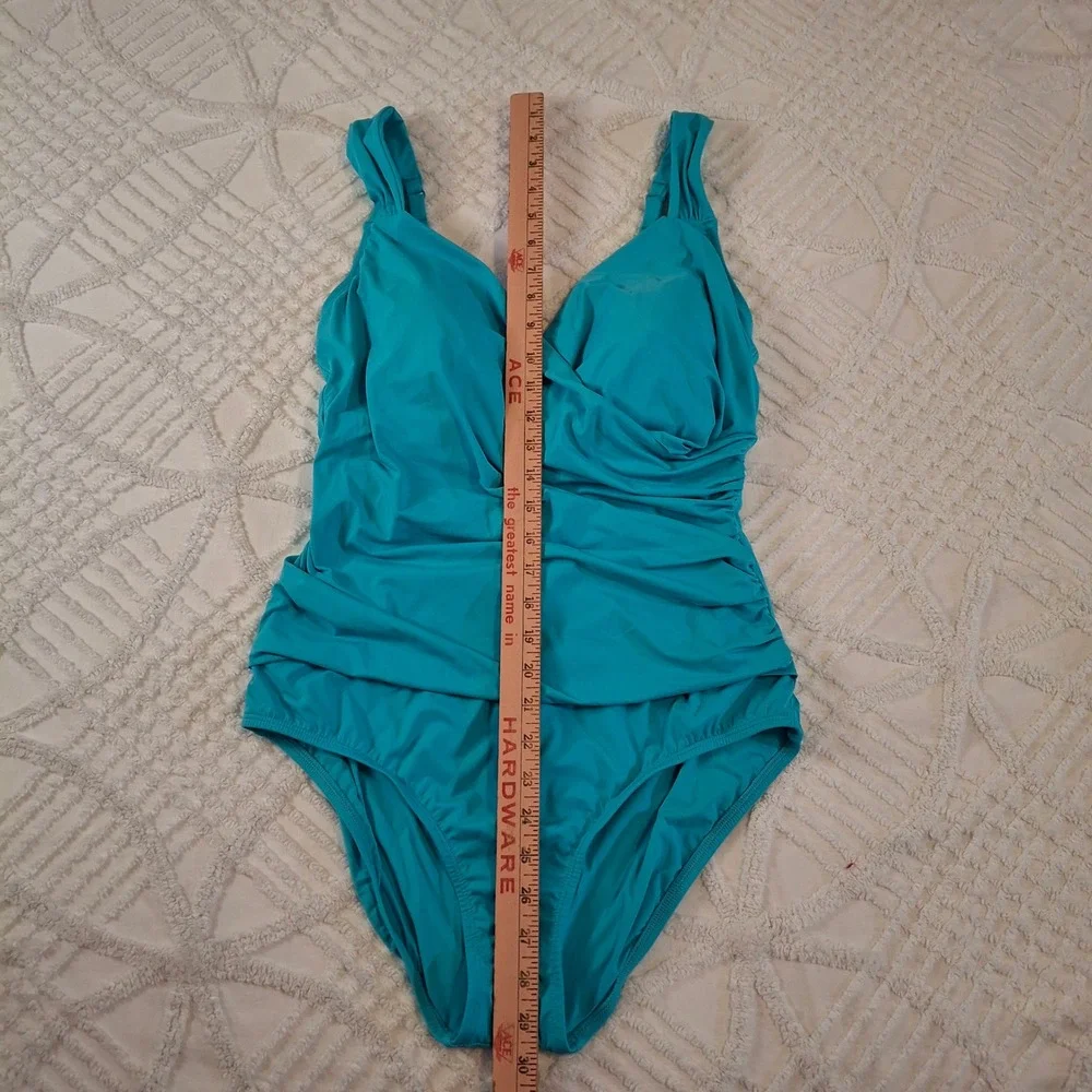 JANTZEN Women 14 One‎ Piece Swimsuit Blue Surplice Wrap Tummy Control Ruching